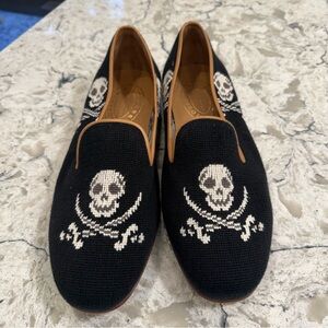 Stubbs & Wootton Black + White Pirate Jolly Roger Needlepoint Loafers, Size 10.5